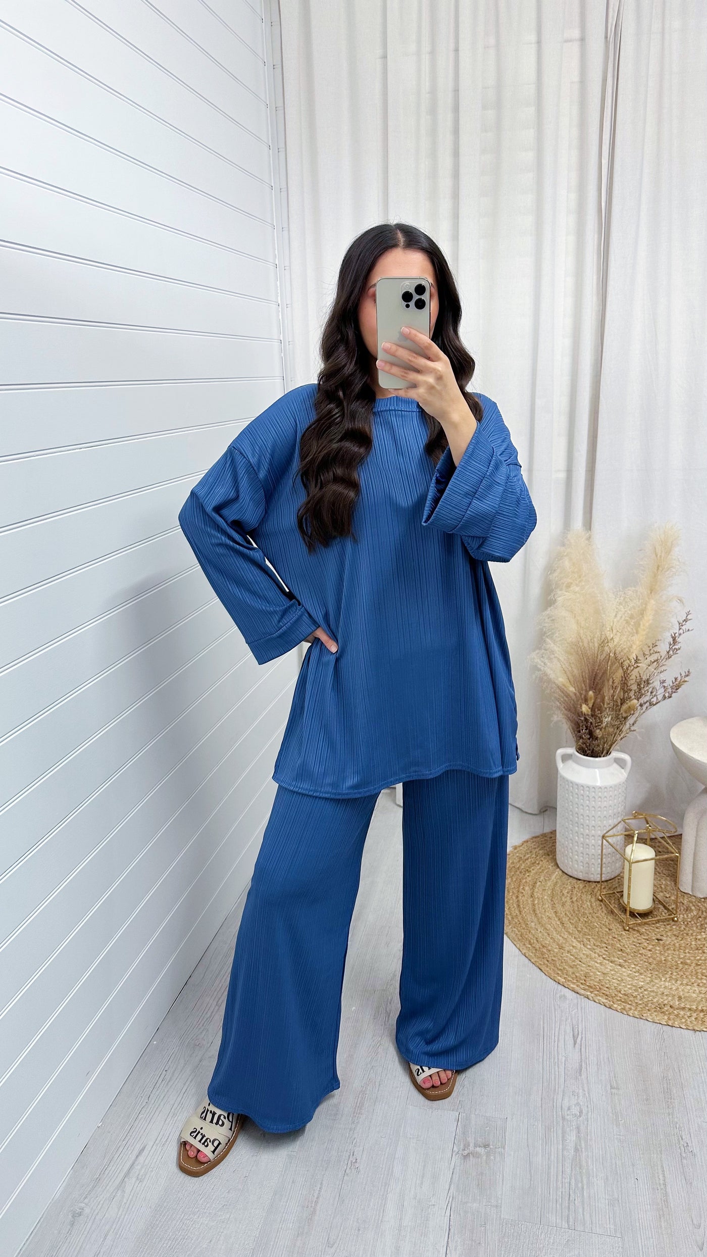 Long Sleeve Ribbed Top and Trousers Co-Ord - DENIM BLUE