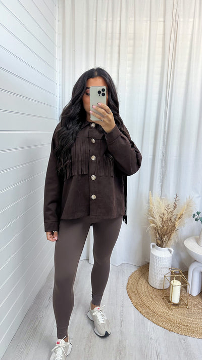 Suede Tassel Trim Jacket - BROWN