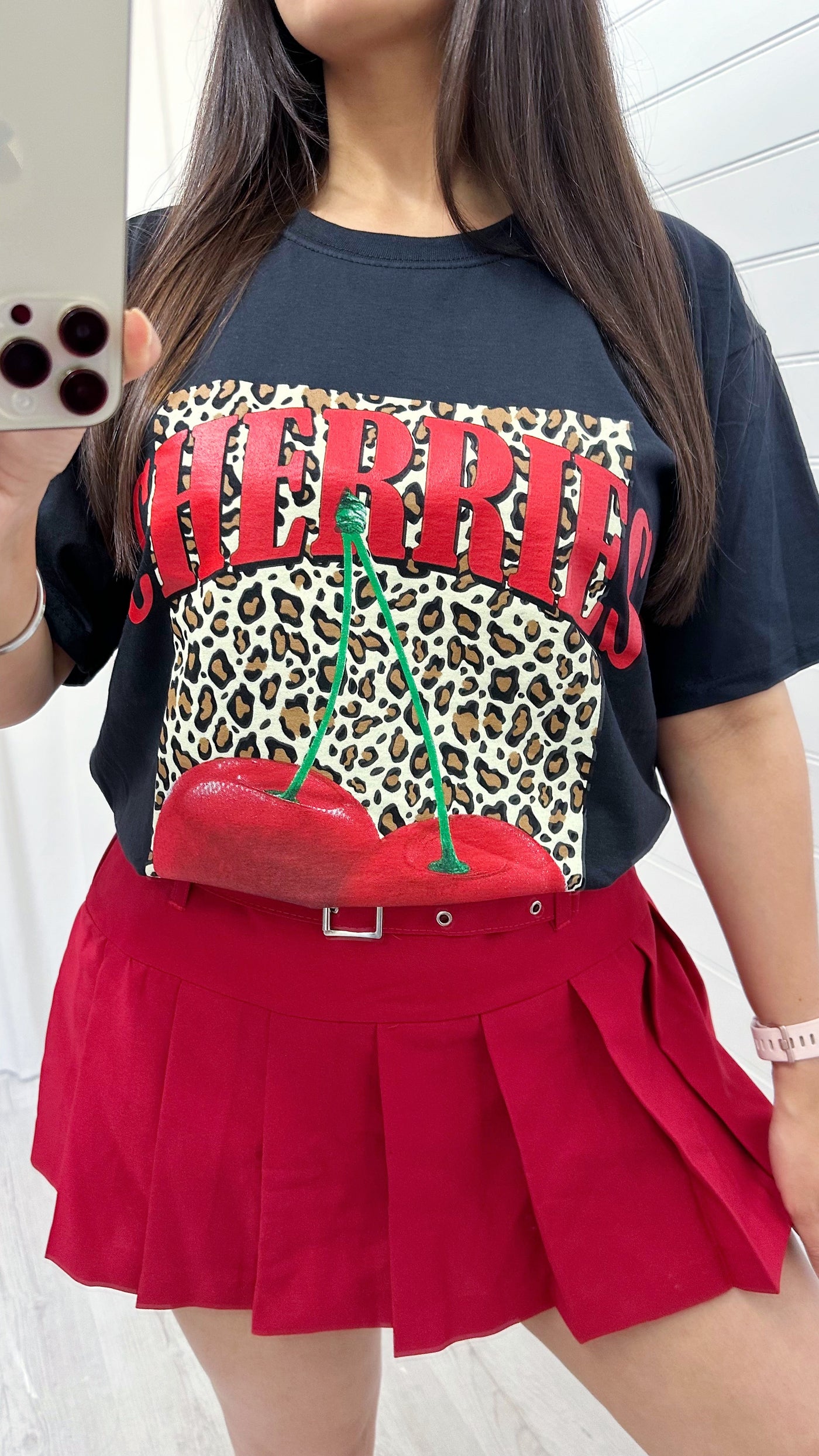 Leopard Print Cherries Oversized T-Shirt - BLACK