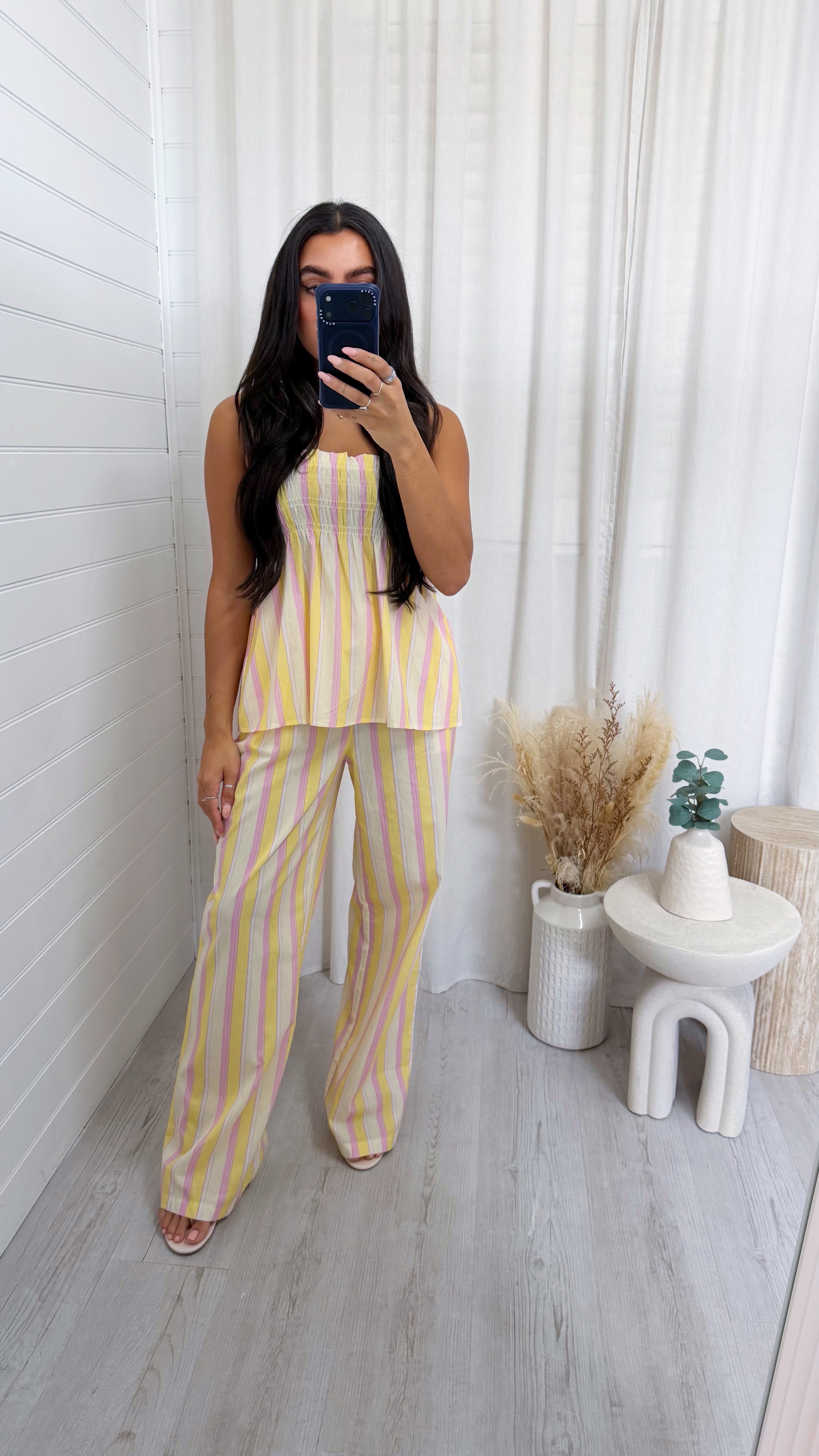 Pastel Stripe Shirred Top and Trousers Co-Ord - LEMON
