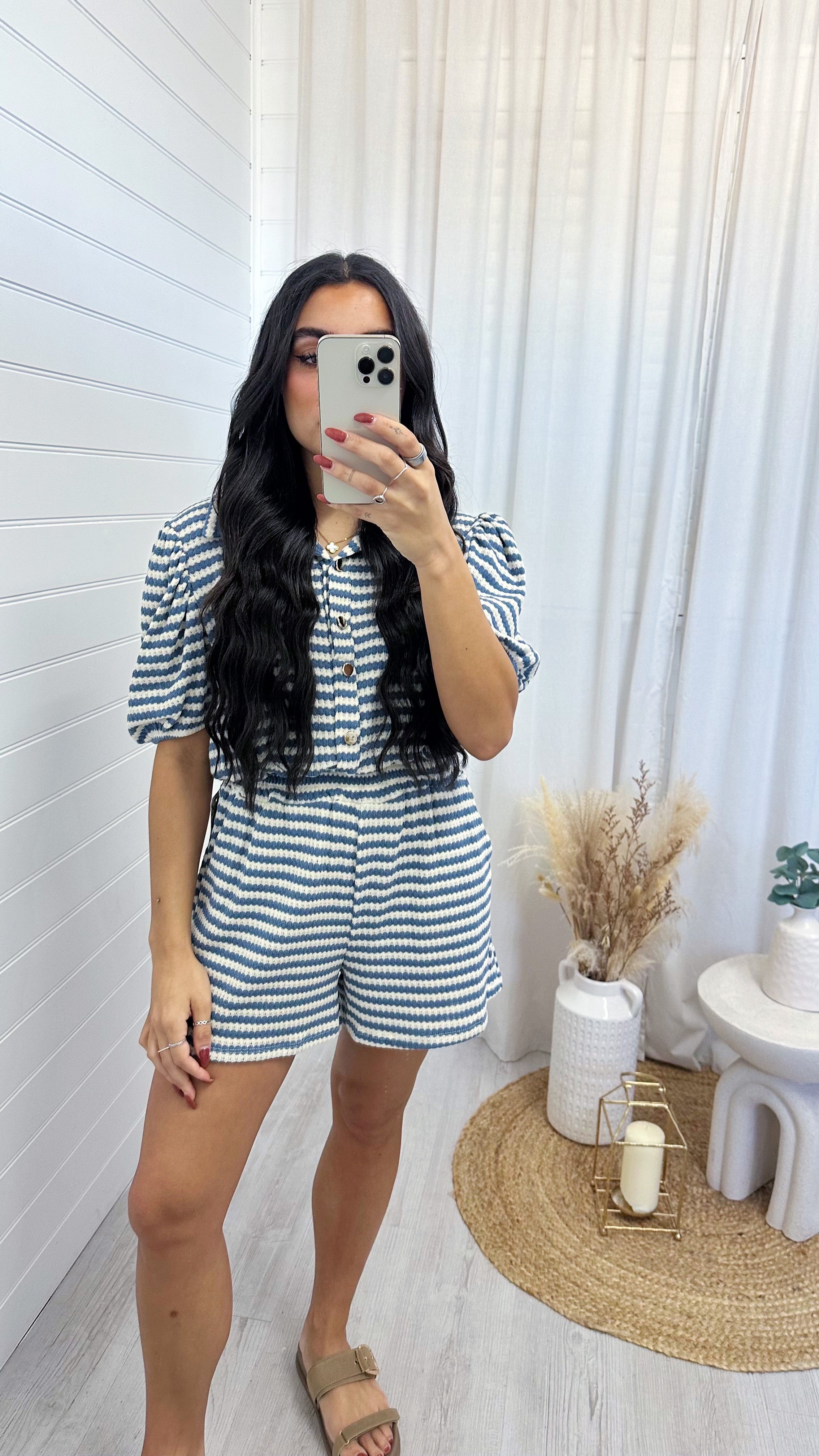 Stripey Knit Cropped Shirt and Shorts Co-Ord - DENIM BLUE