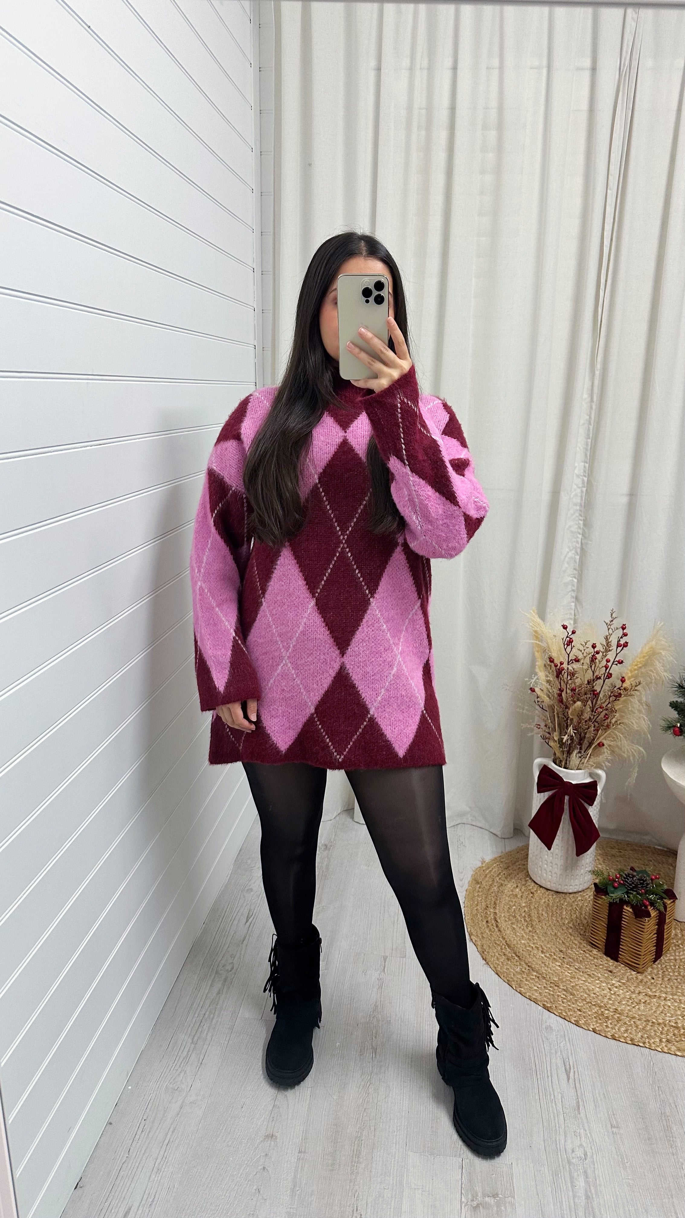 Argyle Woollen Jumper Dress - PINK/BURGUNDY