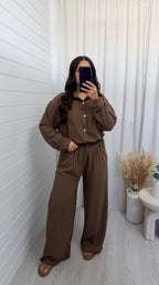 Oversized Pinstripe Shirt and Trousers Co-Ord - BROWN