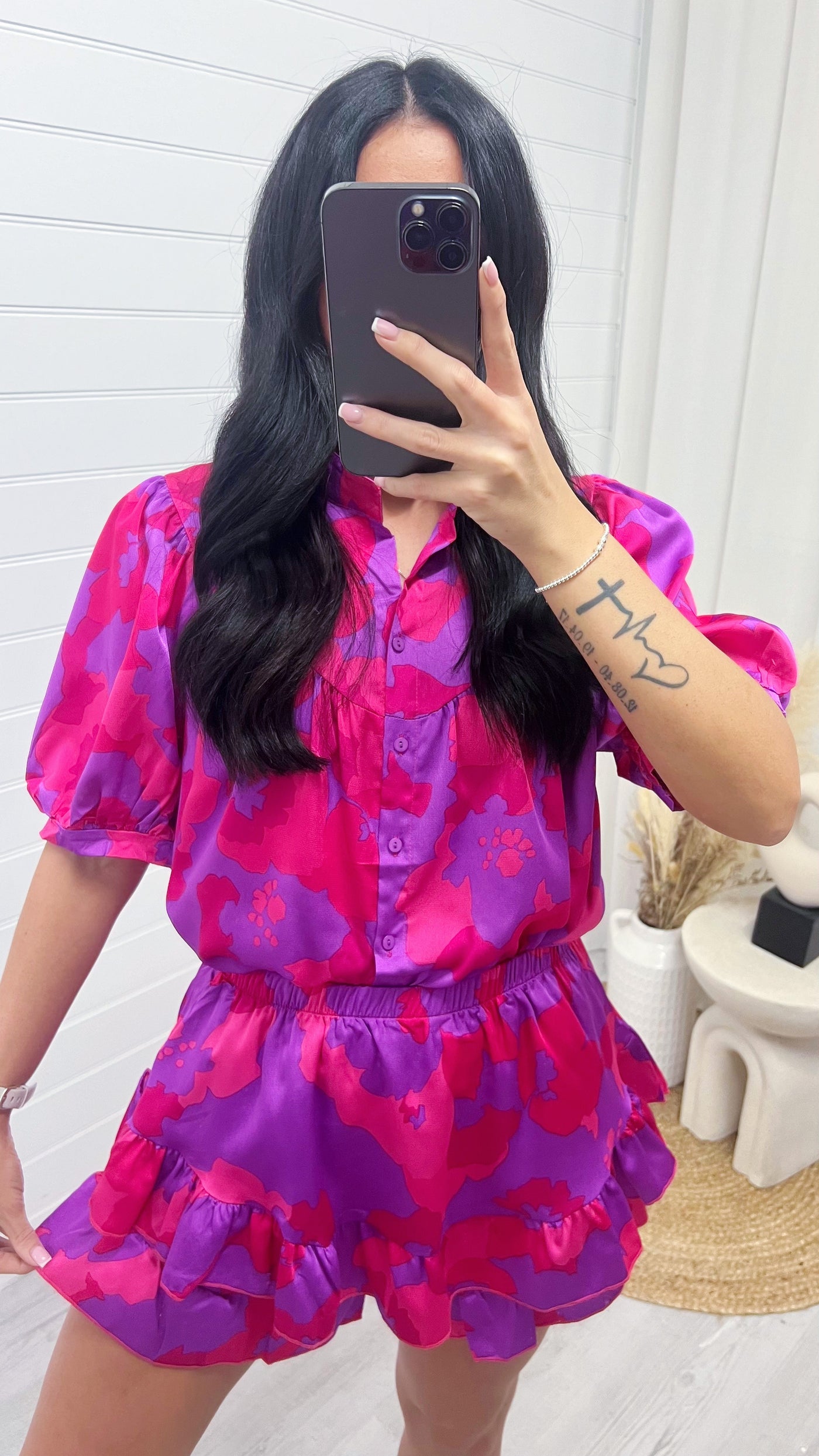 Puff Sleeve Blouse and Frill Hem Shorts Co-Ord - PURPLE/PINK