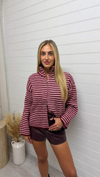 Double Zip Knitted Stripe Jacket - PINK/BURGUNDY