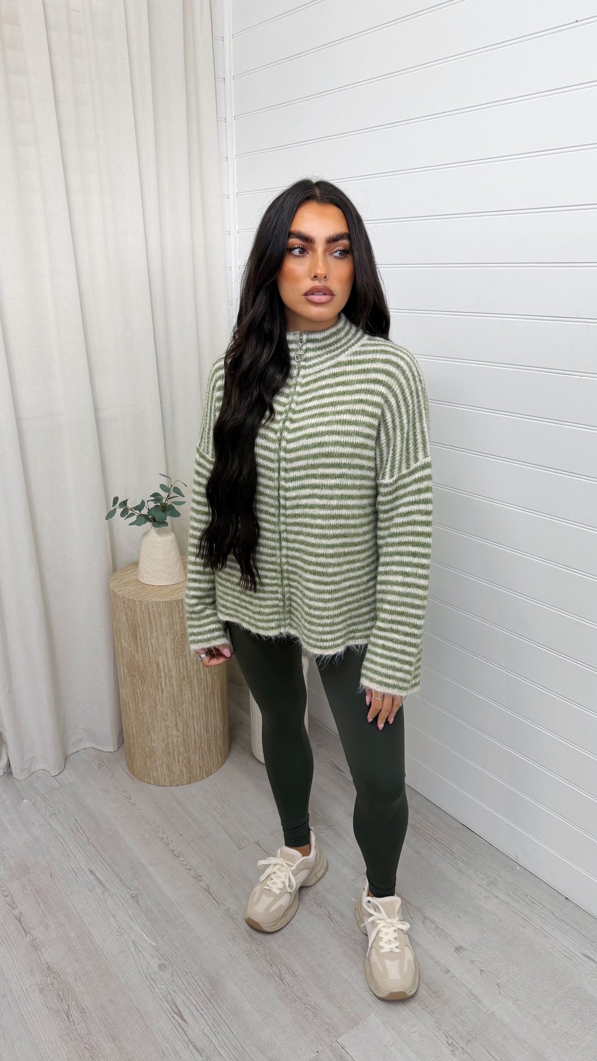 Stripe Zip Woollen Jacket  - KHAKI