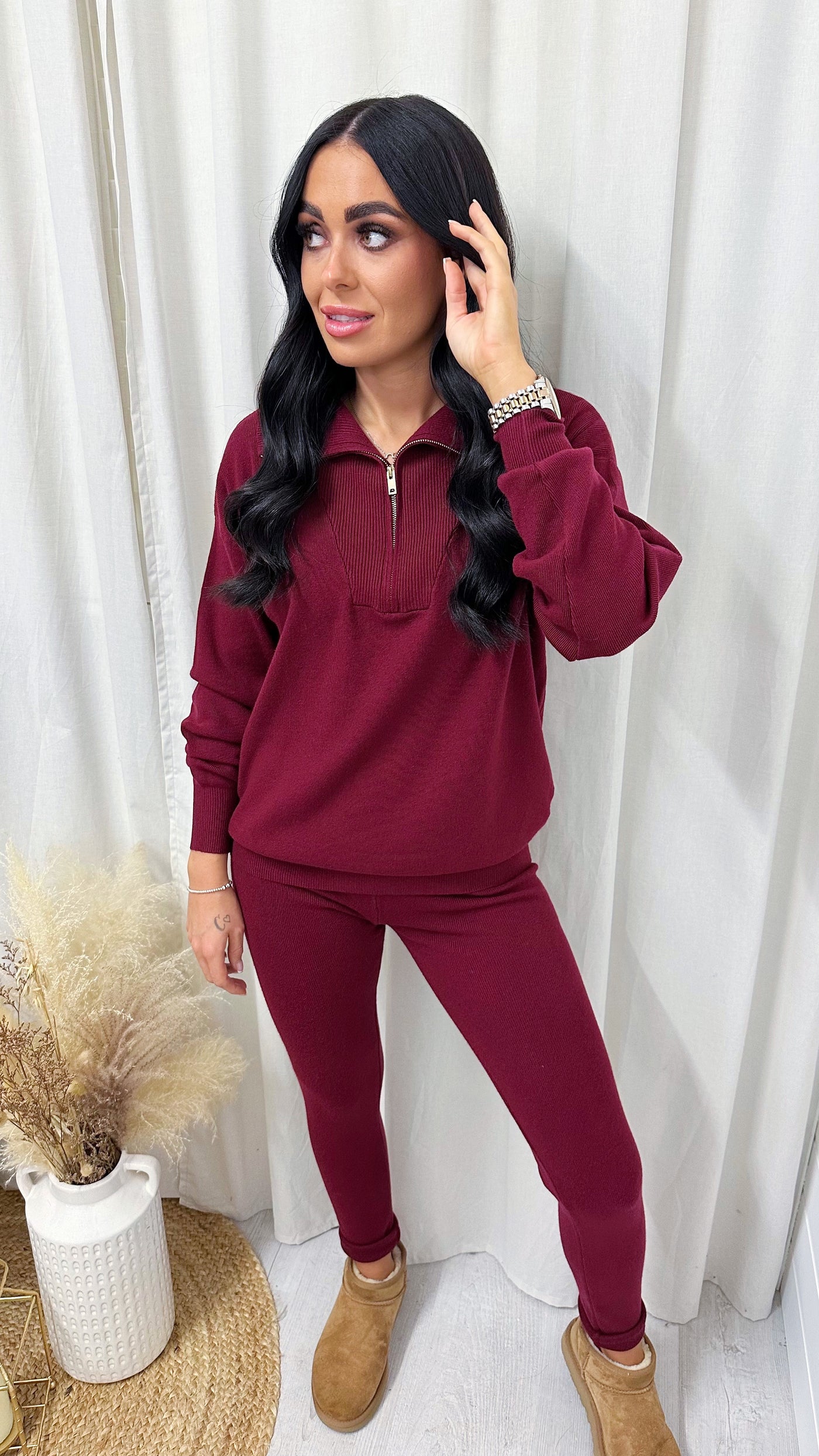 Soft Knit Half Zip Jumper and Leggings Co-Ord - WINE