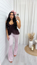 High Waisted Polka Dot Stretchy Flares - PINK/BROWN