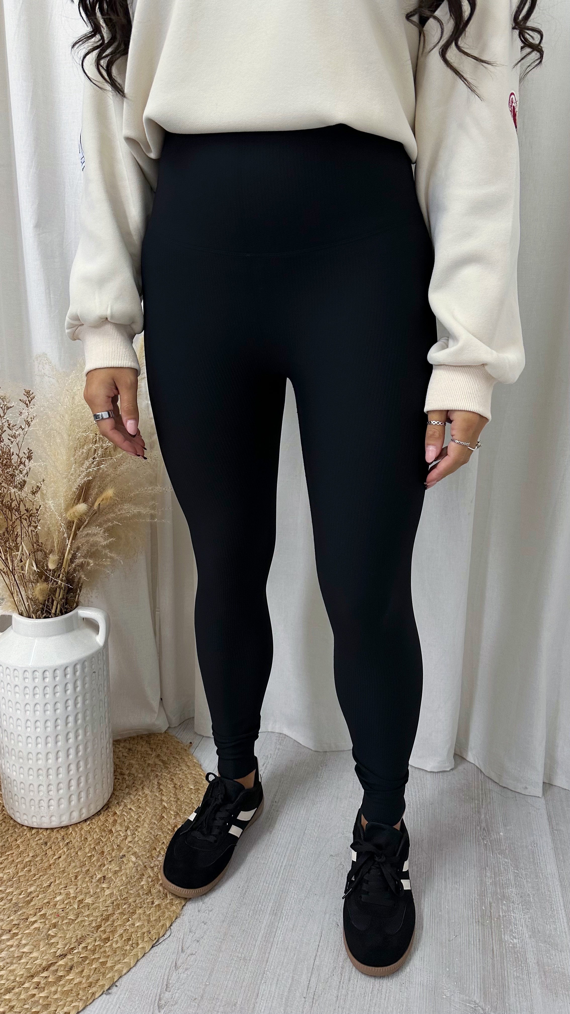 Ribbed Body Sculpt High Waisted Leggings - BLACK