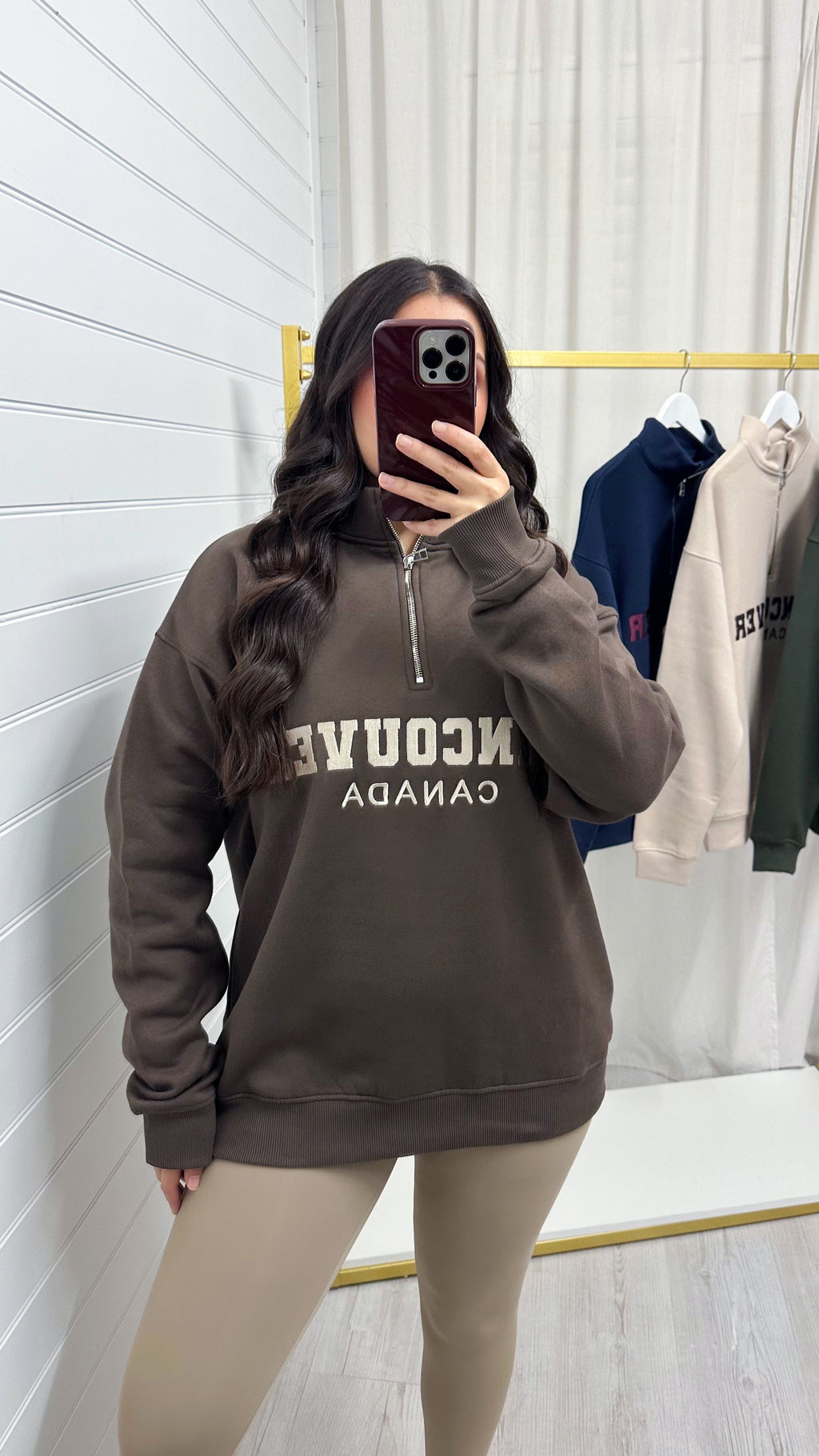 Vancouver Embroidered Half Zip Sweatshirt - BROWN