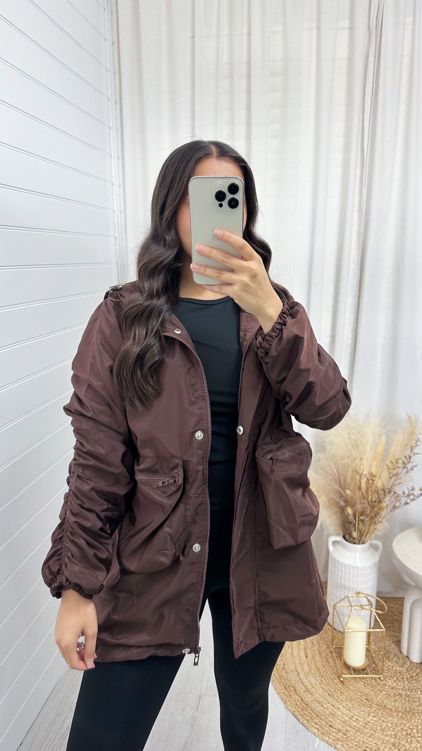 Ruched Sleeve Long Windbreaker Jacket - BROWN