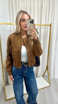 Suede Cropped Bomber Jacket - CAMEL