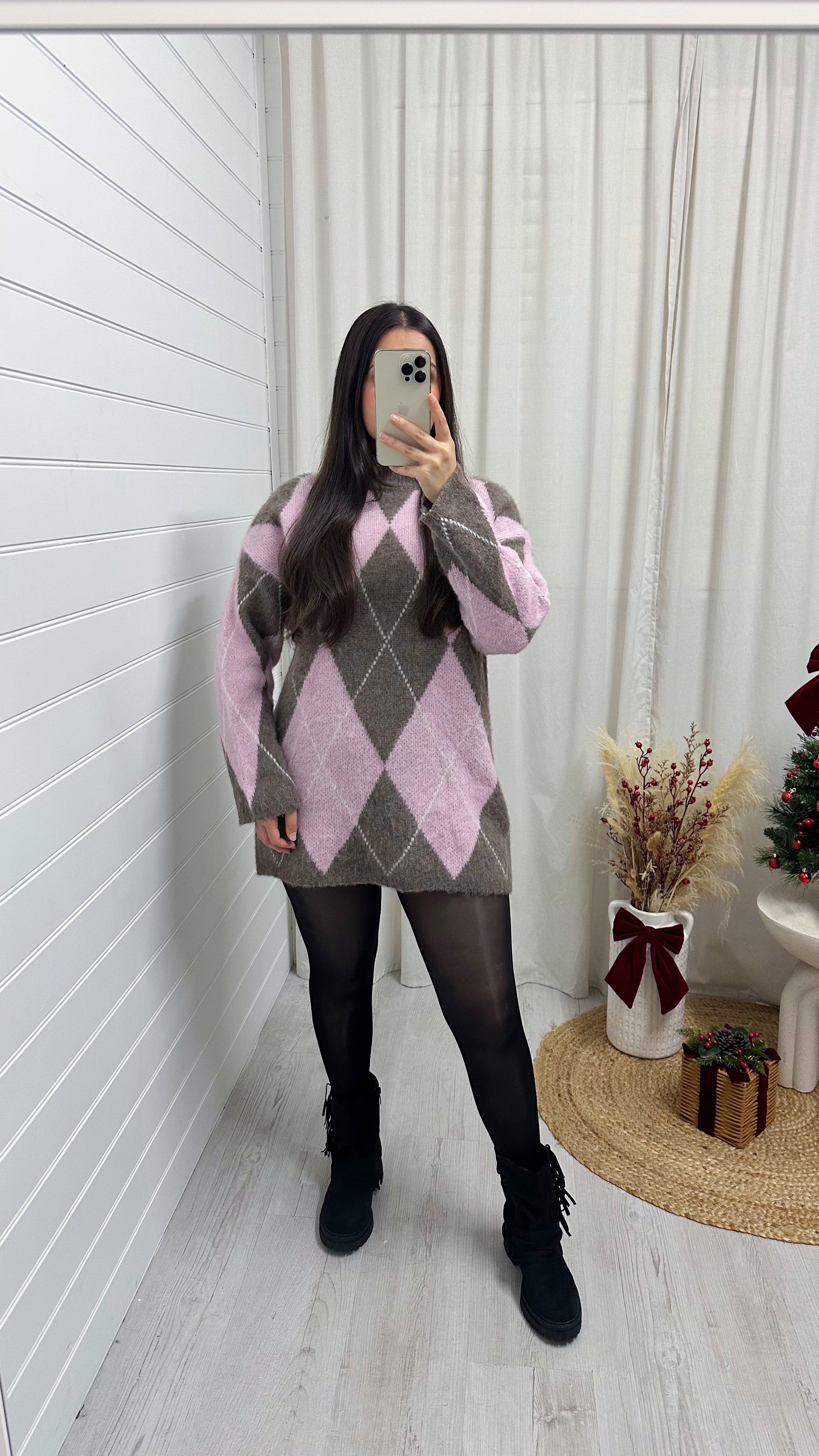 Argyle Woollen Jumper Dress - BABY PINK/MOCHA