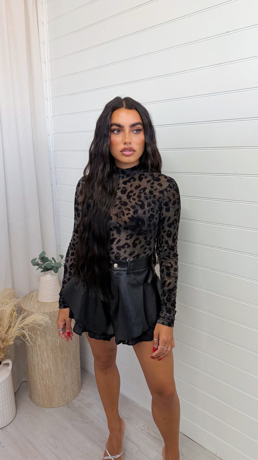 Leopard Print Mesh Body Suit - BLACK