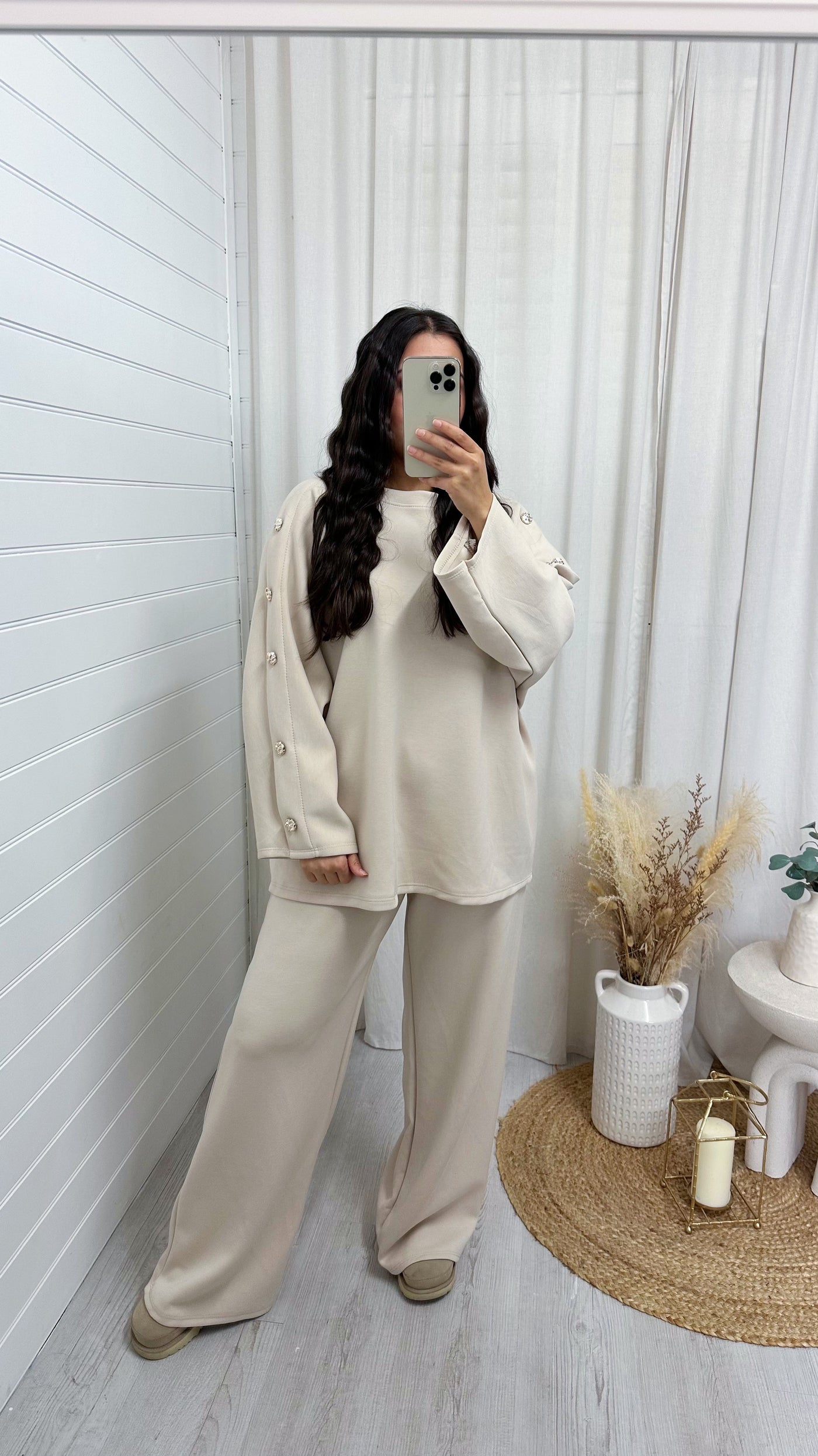 Long Sleeve Gold Button Detail Top and Trousers Co-Ord - BEIGE