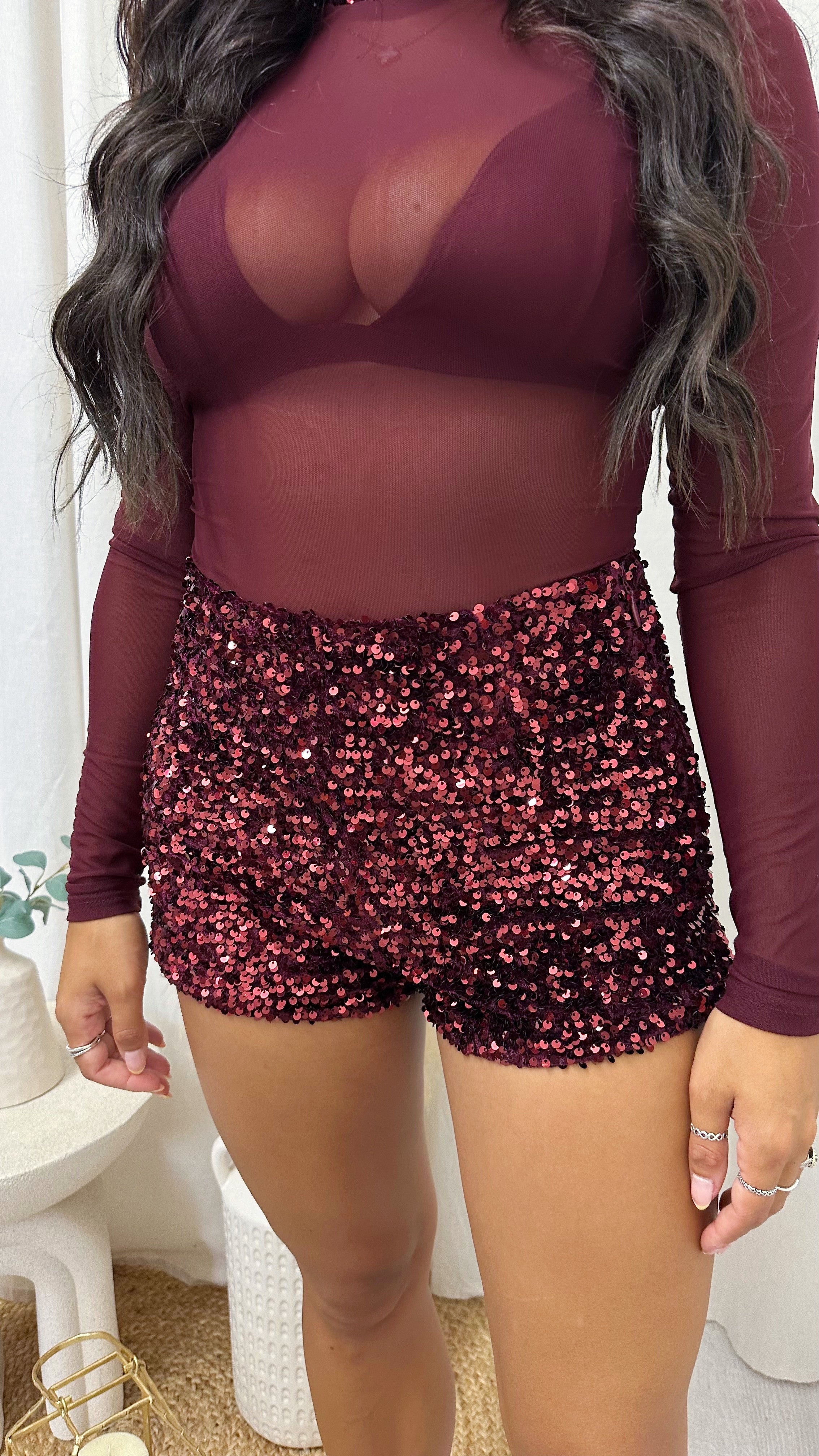 Sequin Velvet High Waisted Shorts - WINE
