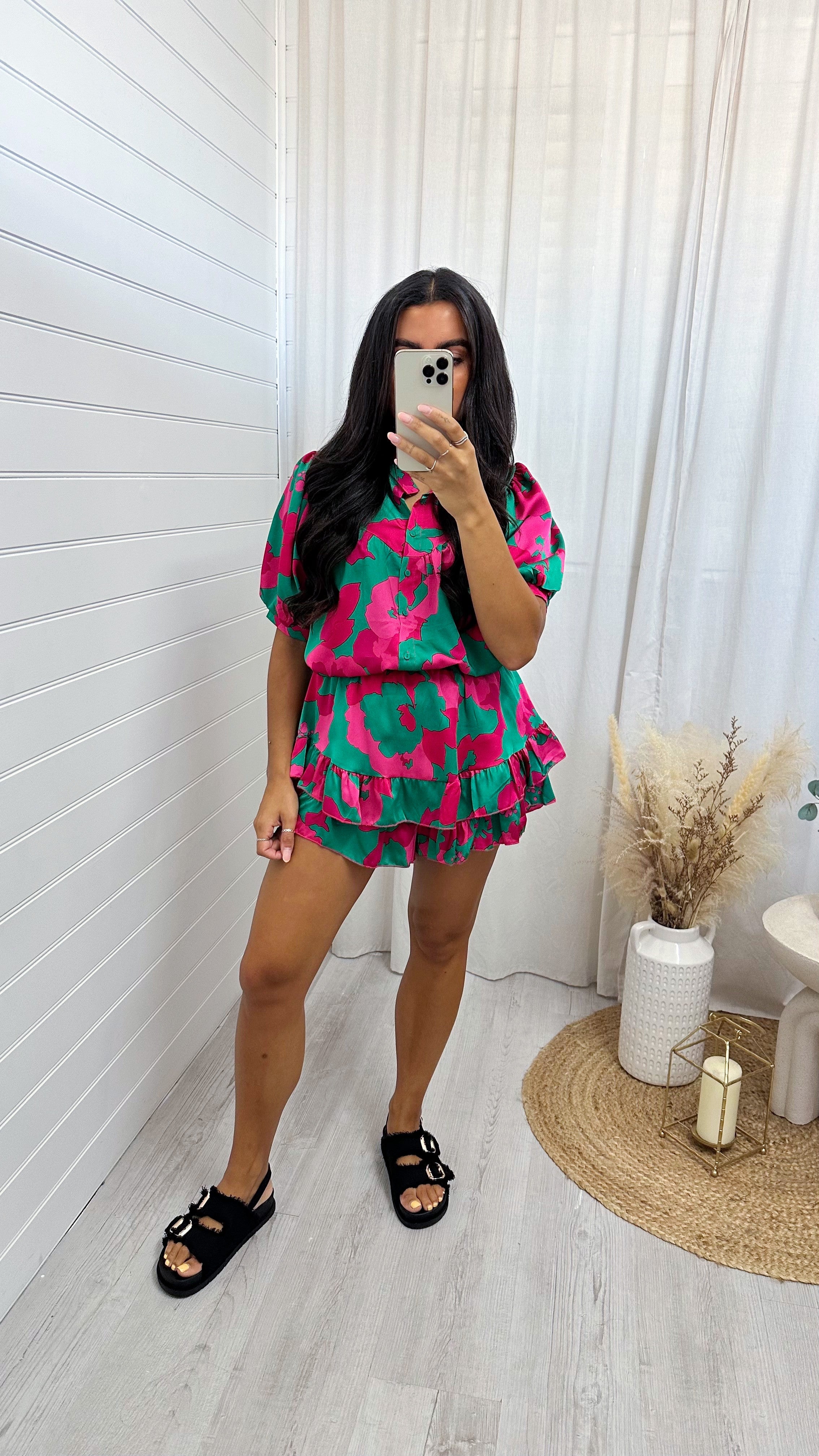 Satin Puff Sleeve Shirt and Frill Skort Co-Ord - GREEN/PINK