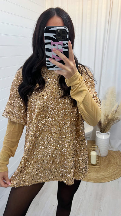 Mesh Sleeve Oversized Sequin T-Shirt - GOLD