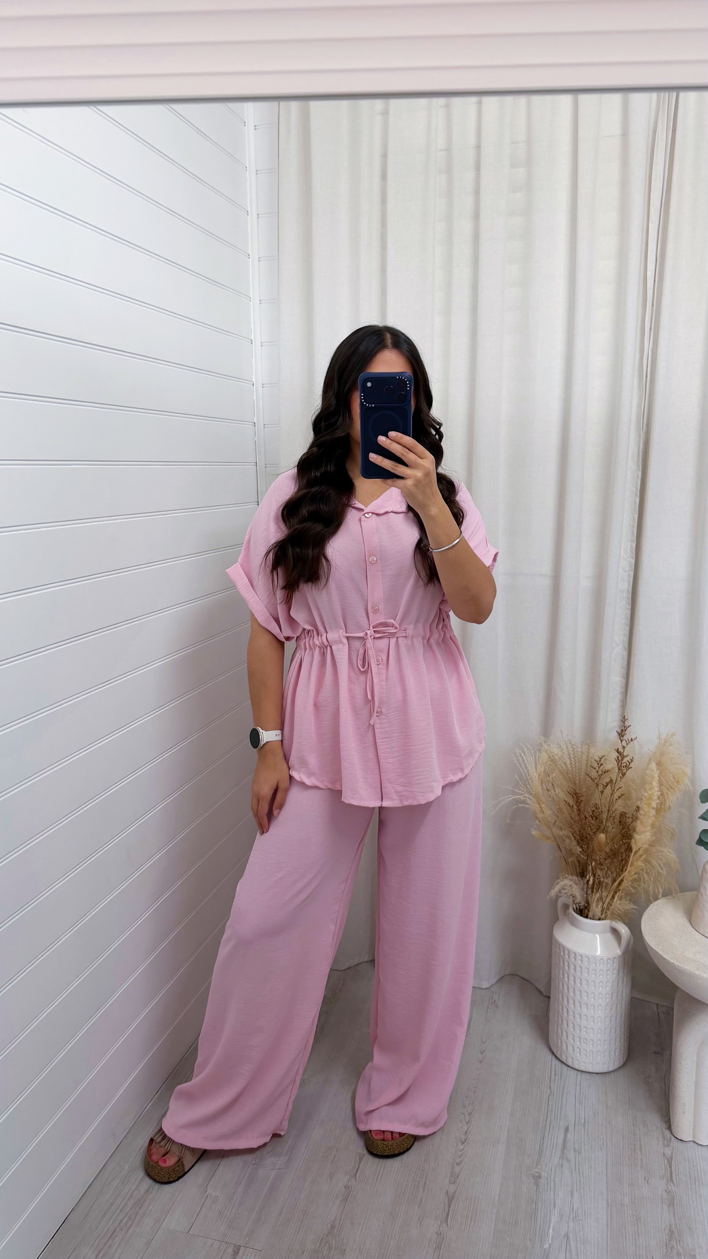 Cinched Shirt and Trousers Co-Ord - BABY PINK