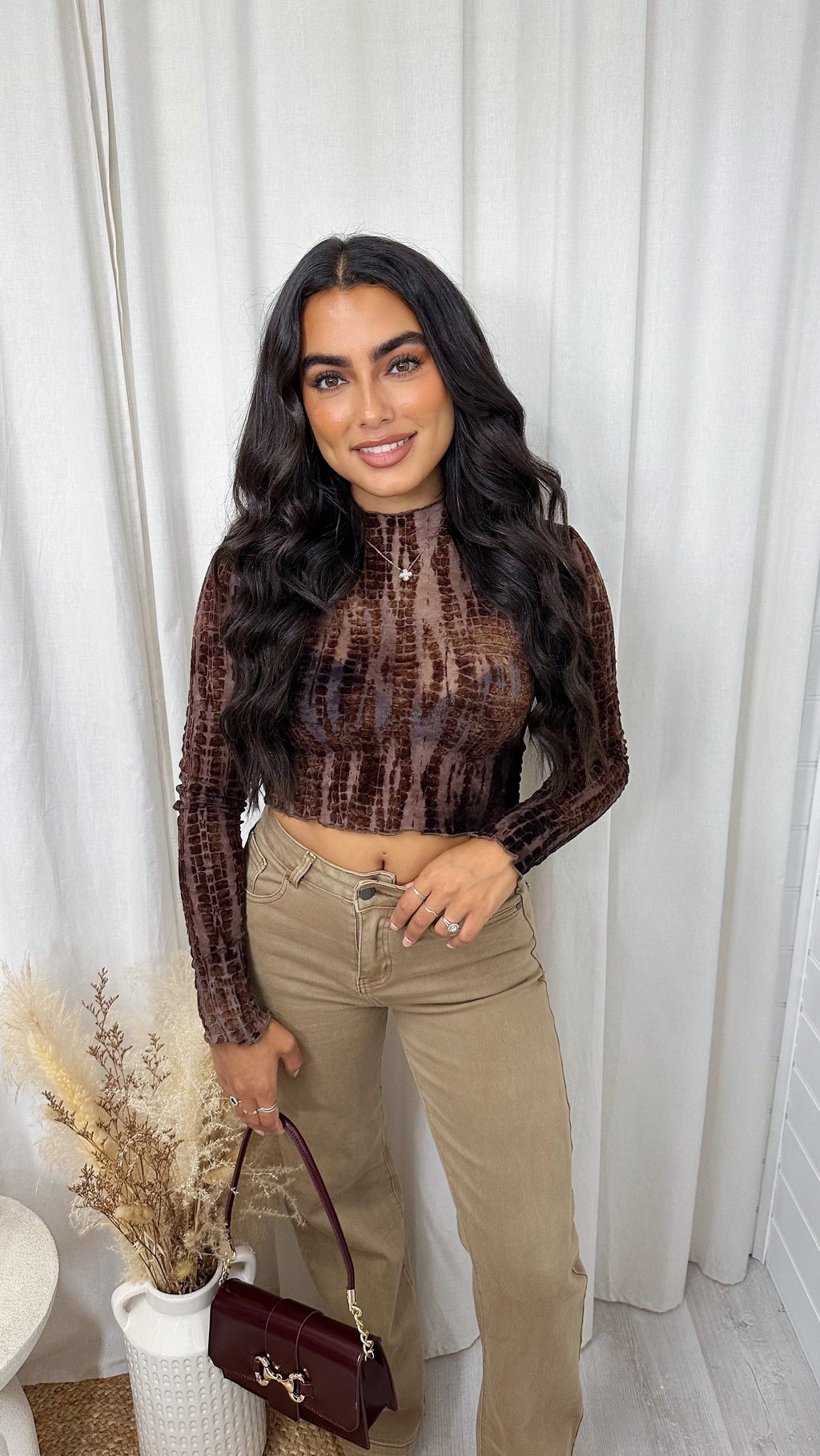 Velvet Printed Mesh Crop Top - BROWN