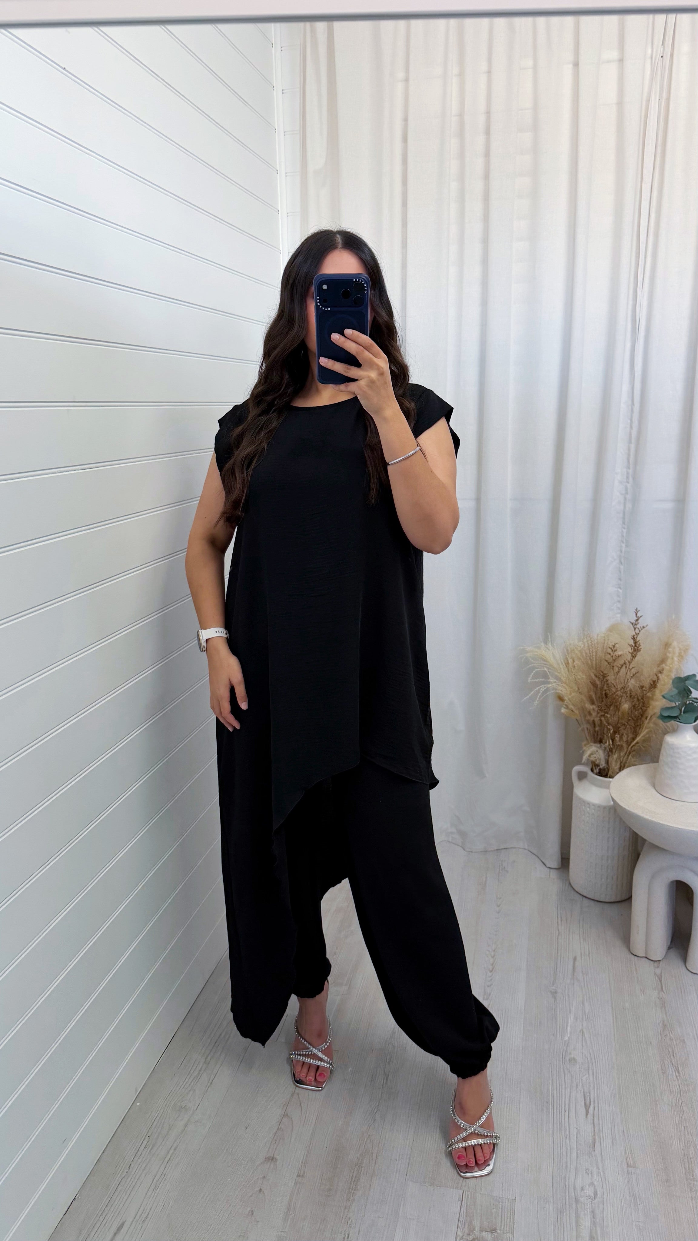 Draped Asymmetric Top and Cuff Trousers Co-Ord - BLACK