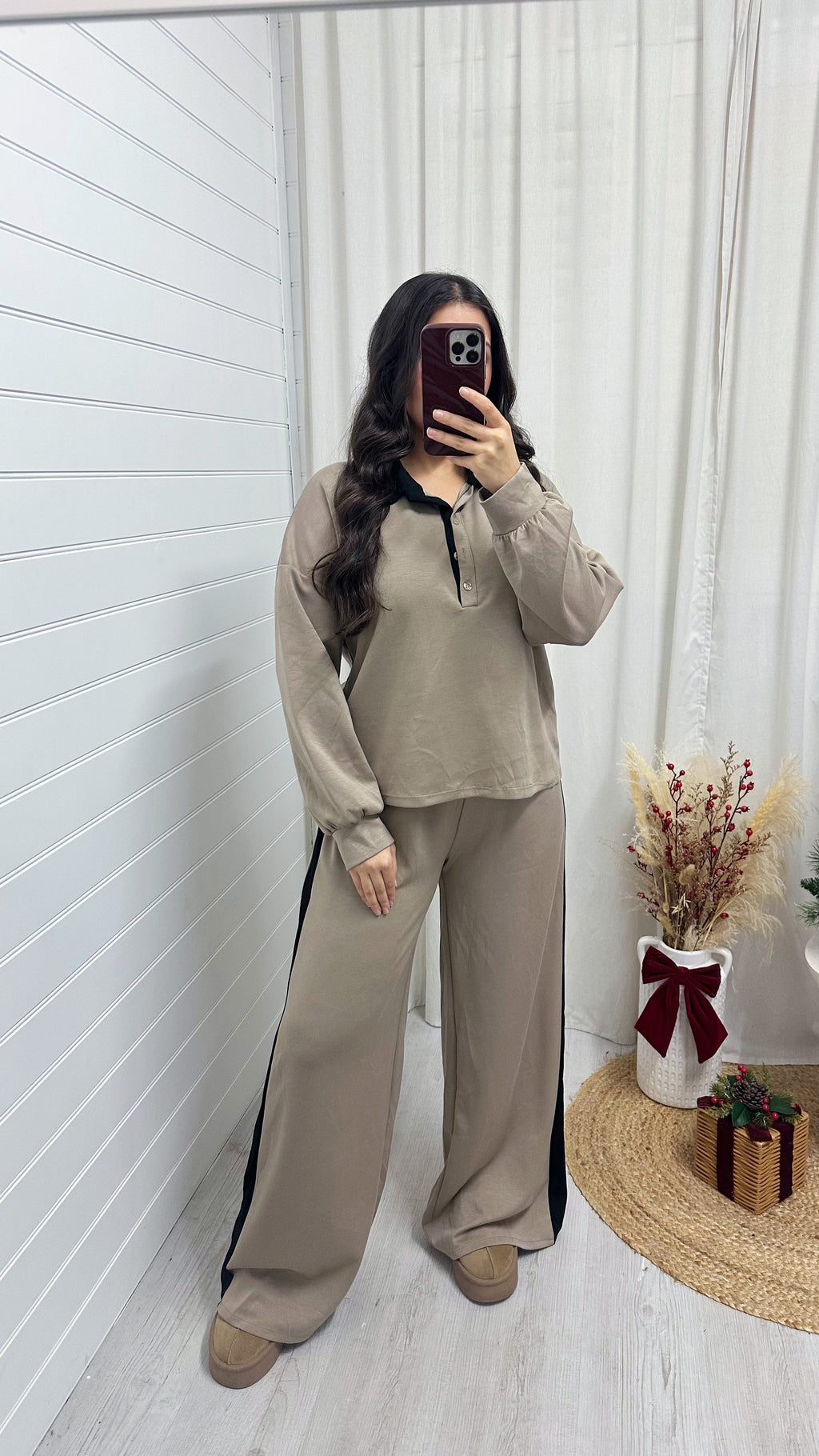 Contrast Collared Shirt and Wide Leg Joggers Co-Ord - MOCHA