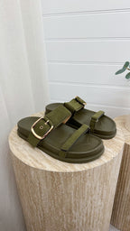 Buckle Strap Suede Sliders - KHAKI