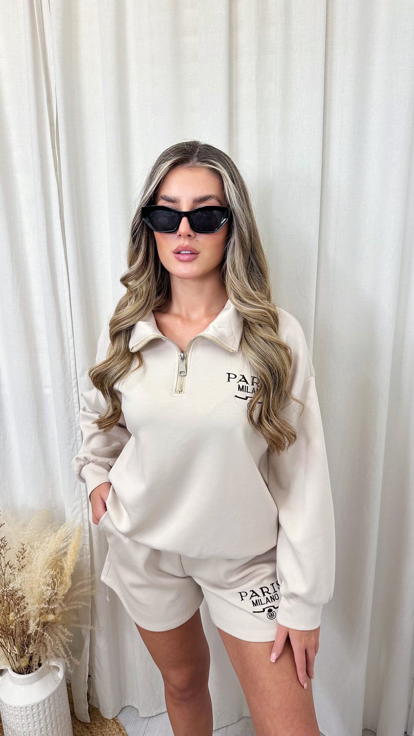 Paris Milano Embroidered Half Zip Sweatshirt and Shorts Co-Ord - MOCHA