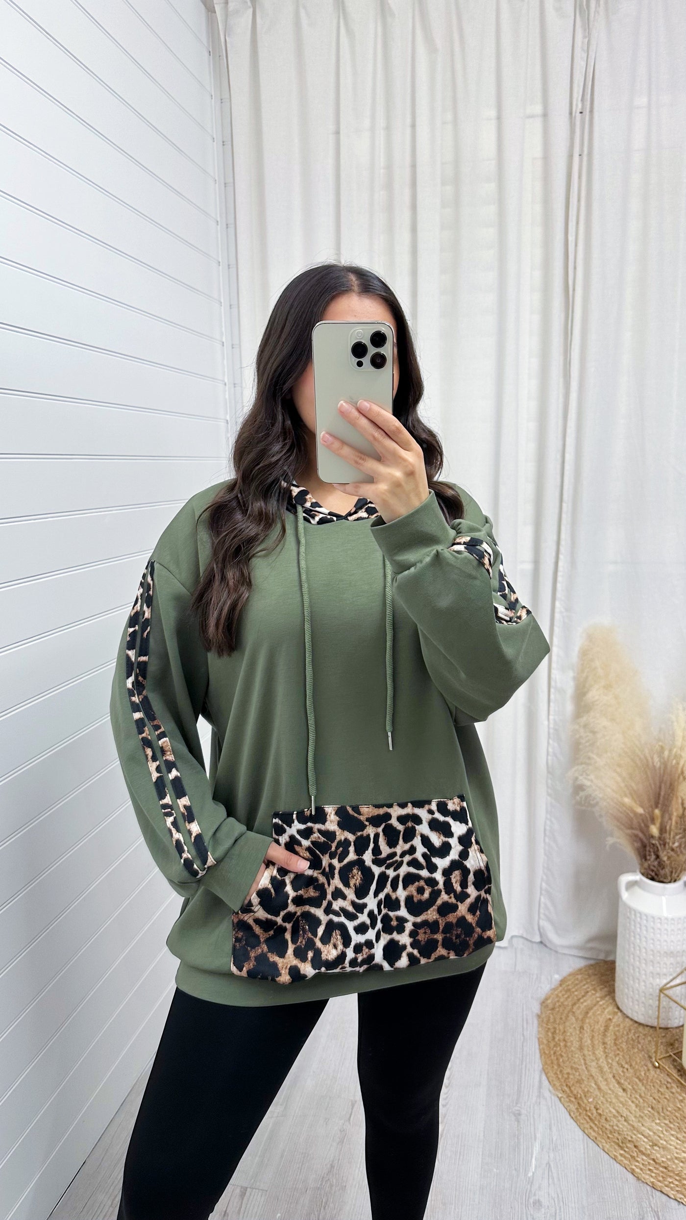 Oversized Leopard Contrast Hoodie - KHAKI