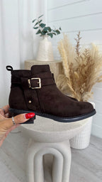 Suede Buckle Ankle Boots - DARK BROWN