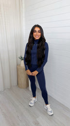 Piped Jacket and Leggings Activewear Set - NAVY