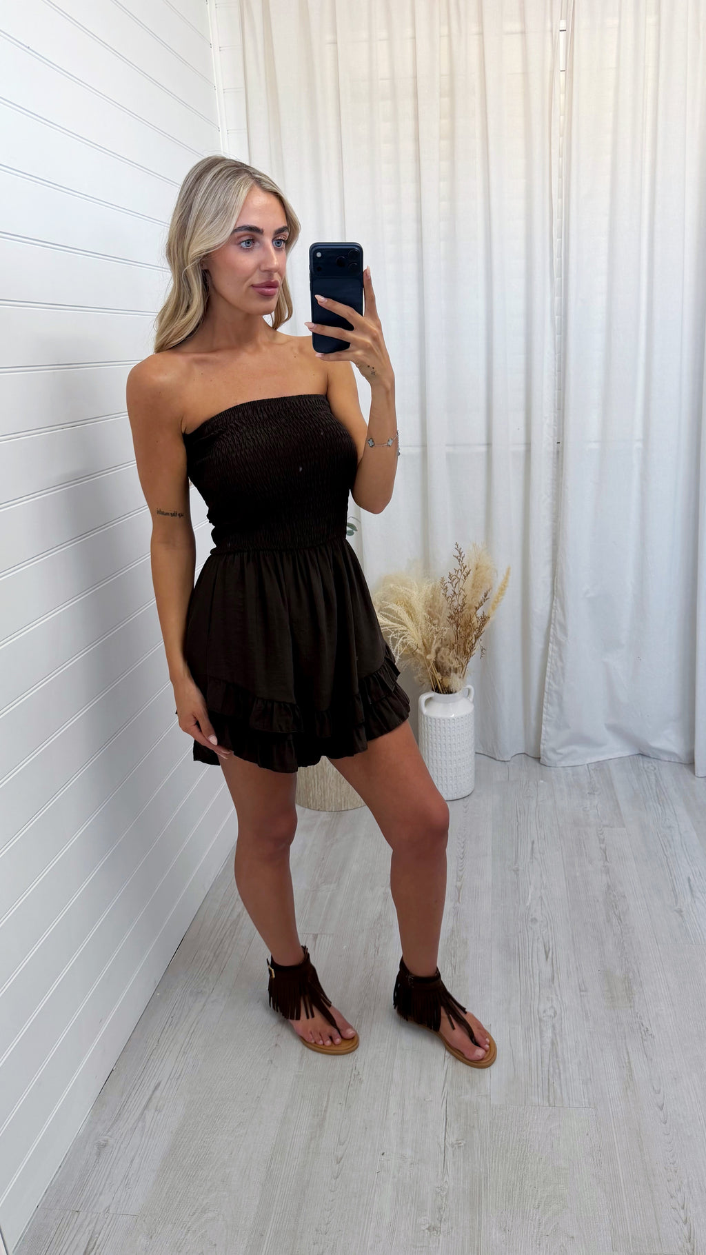Shirred Bardot Frill Playsuit - BROWN