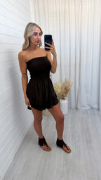 Shirred Bardot Frill Playsuit - BROWN