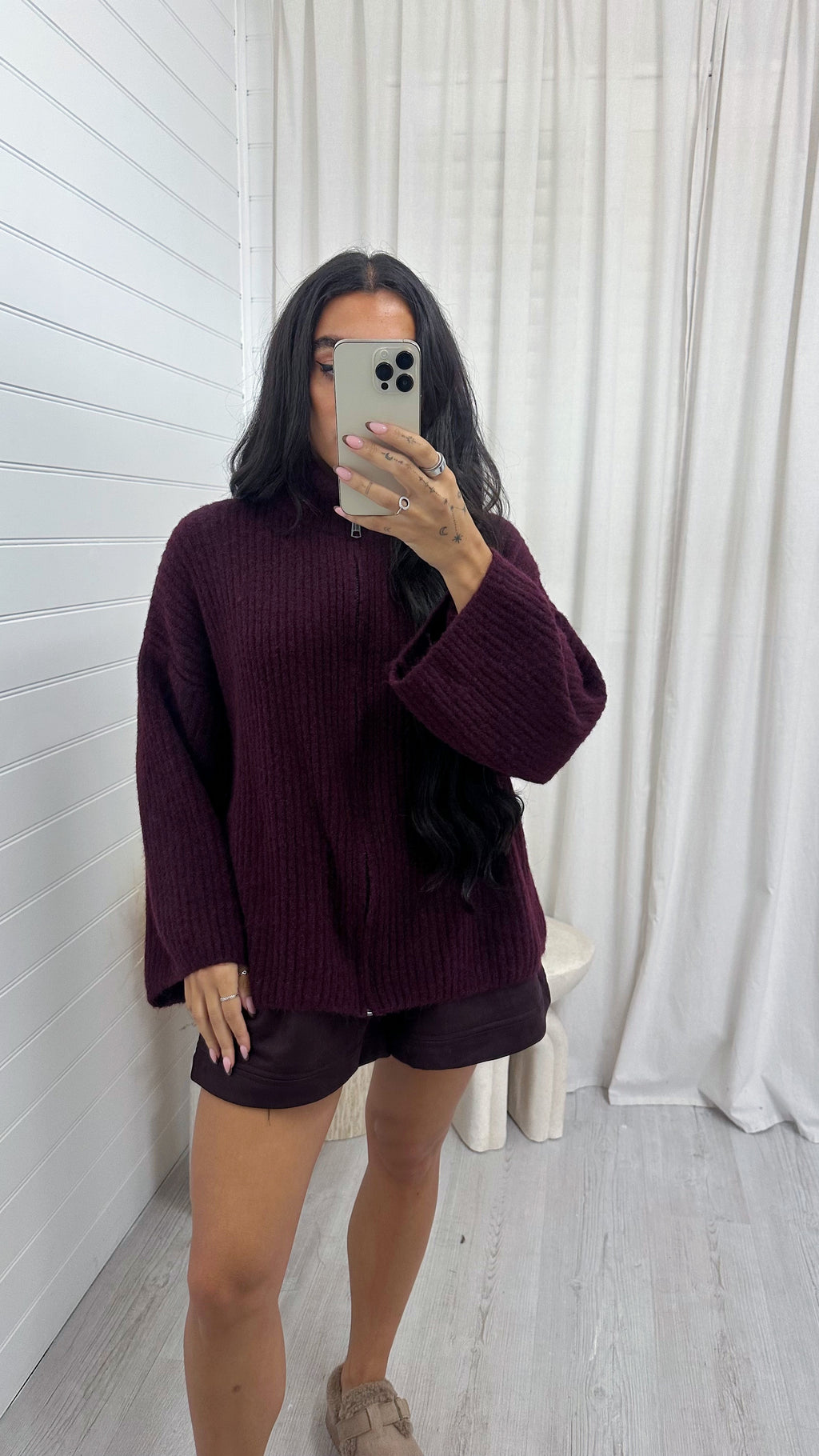 Chunky Rib Woollen Jacket - BURGUNDY