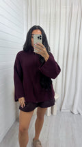 Chunky Rib Woollen Jacket - BURGUNDY