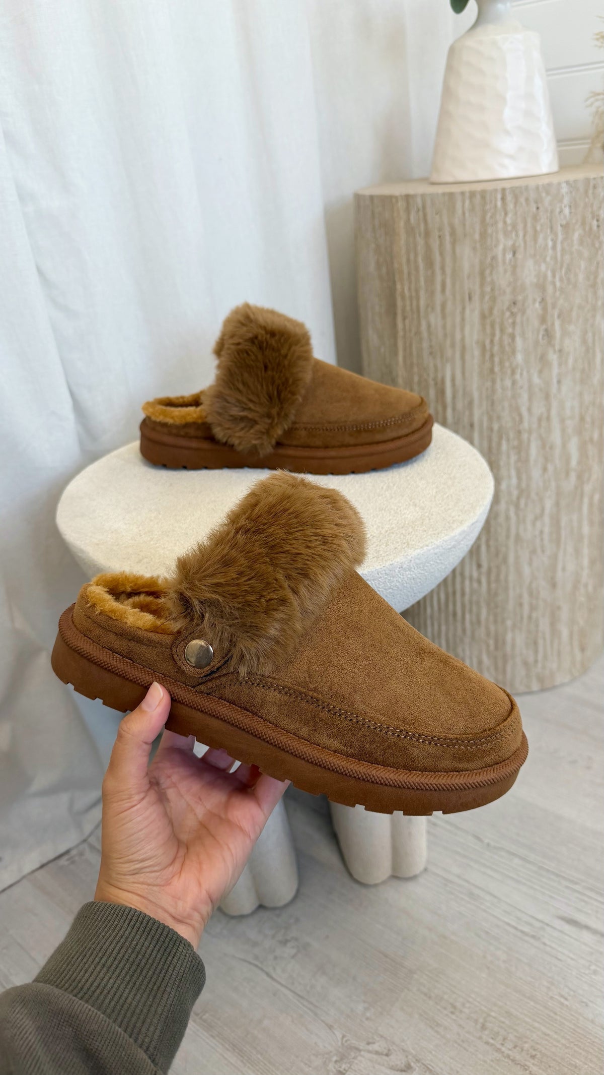 Faux Fur Strap Mule - CHESTNUT