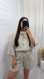 Cheesecloth Pinstripe Shirt and Shorts Co-Ord - BEIGE