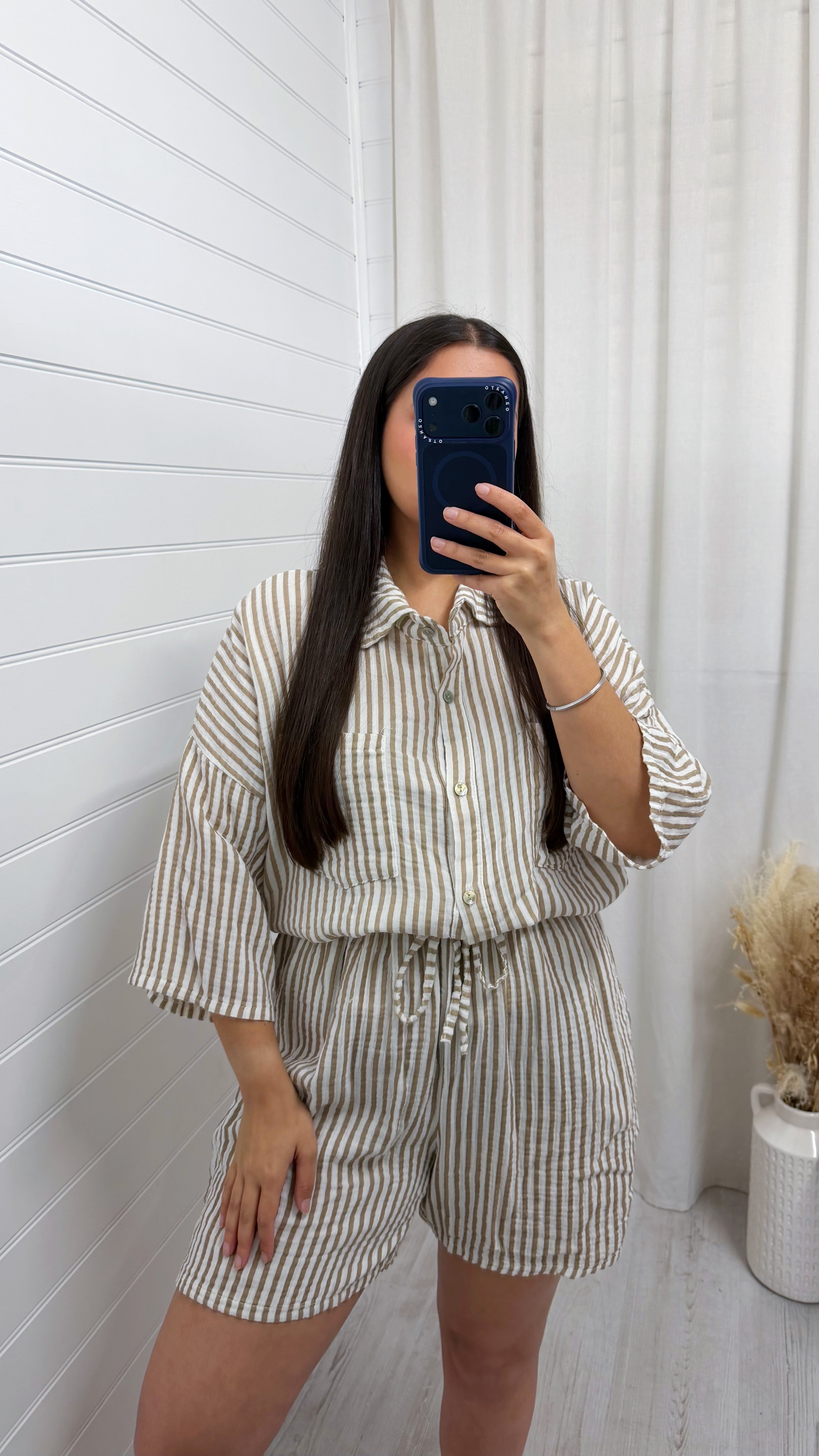 Cheesecloth Pinstripe Shirt and Shorts Co-Ord - BEIGE