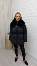 Luxe Faux Fur Collar Puffer Coat - BLACK