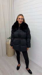 Luxe Faux Fur Collar Puffer Coat - BLACK