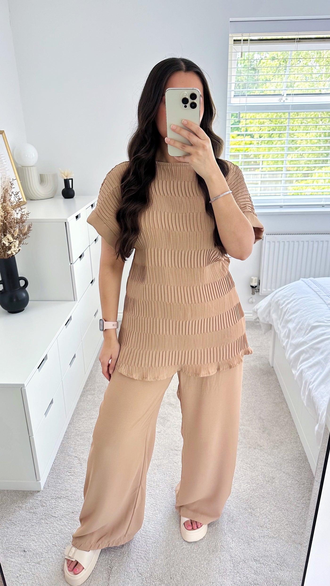 Crinkle Pleated Top and Wide Leg Trousers Co-Ord - DARK BEIGE