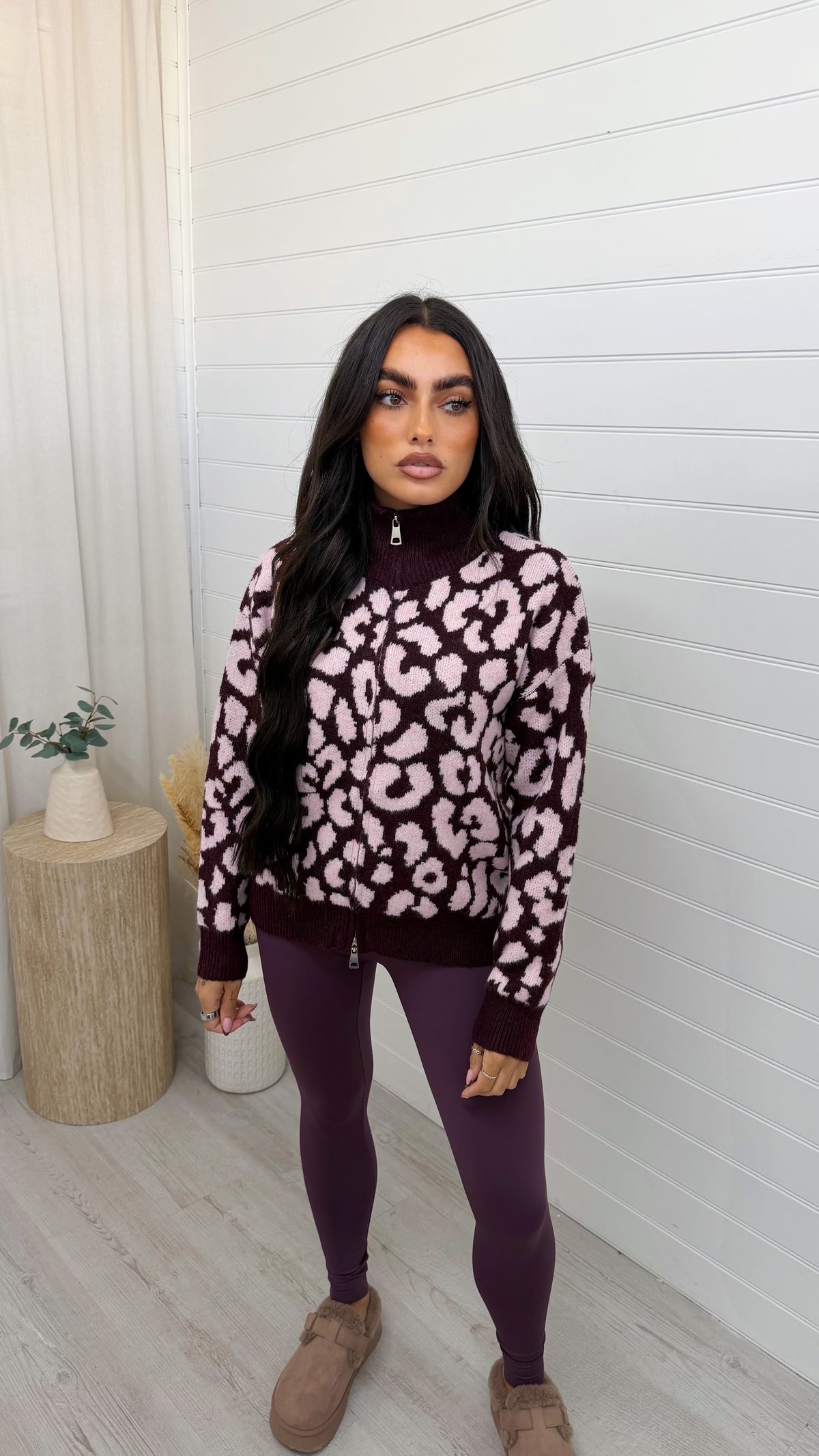 Leopard Print Knitted Jacket - BURGUNDY/PINK