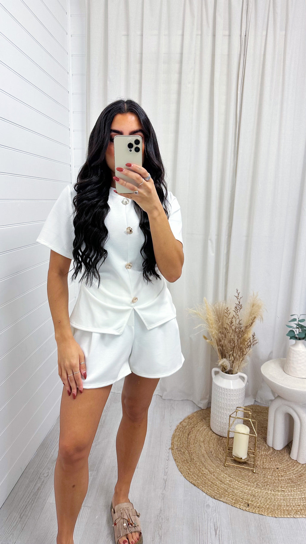Cinched Gold Button Top and Shorts Co-Ord - WHITE