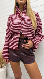 Double Zip Knitted Stripe Jacket - PINK/BURGUNDY