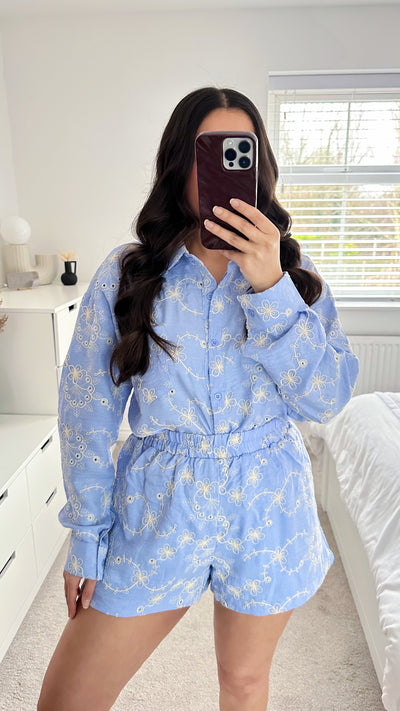 Embroidered Flower Pattern Shirt and Shorts Co-Ord - LIGHT BLUE