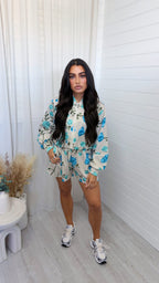 Floral Print Bomber Jacket and Shorts Co-Ord - BLUE