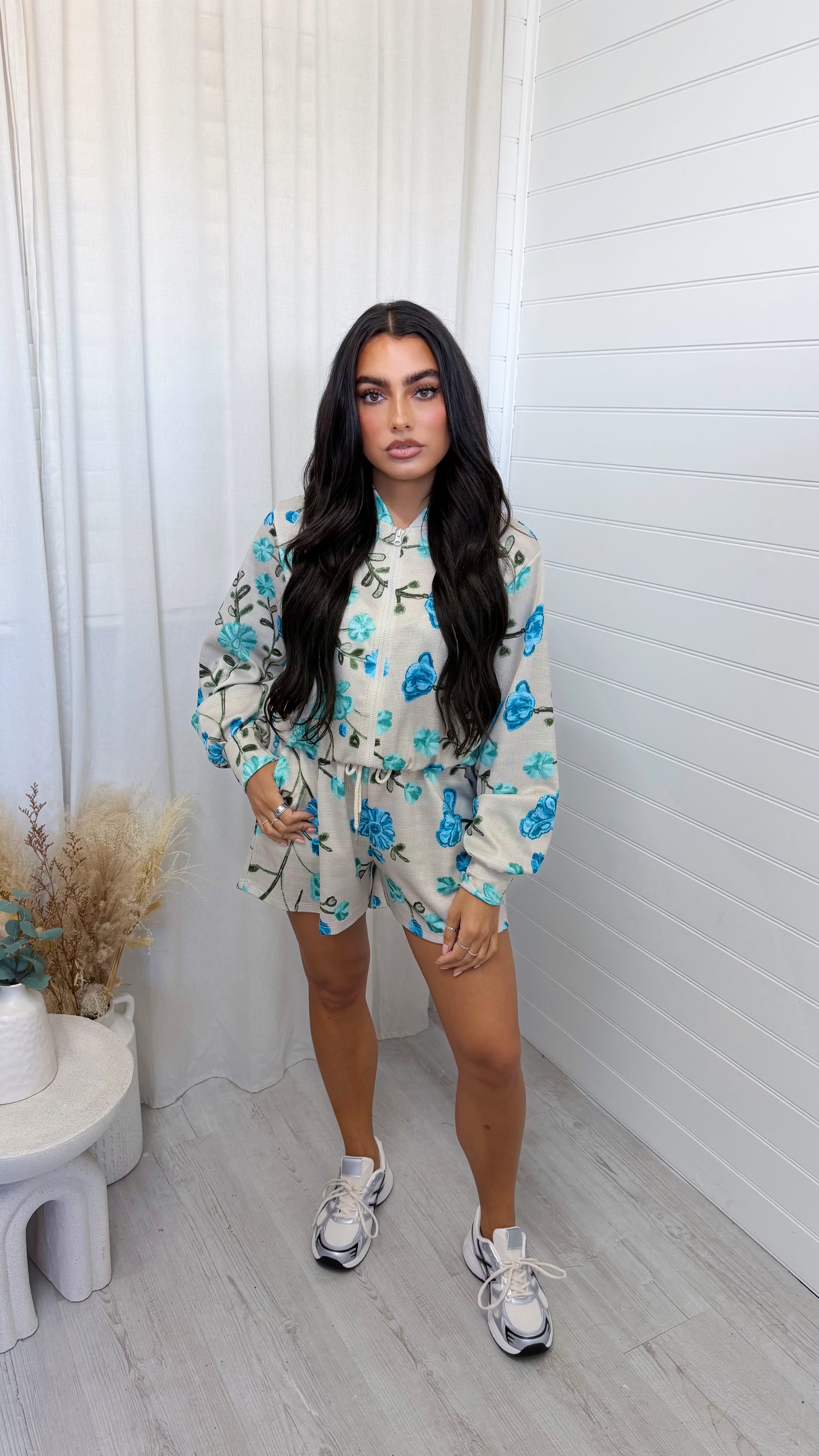 Floral Print Bomber Jacket and Shorts Co-Ord - BLUE