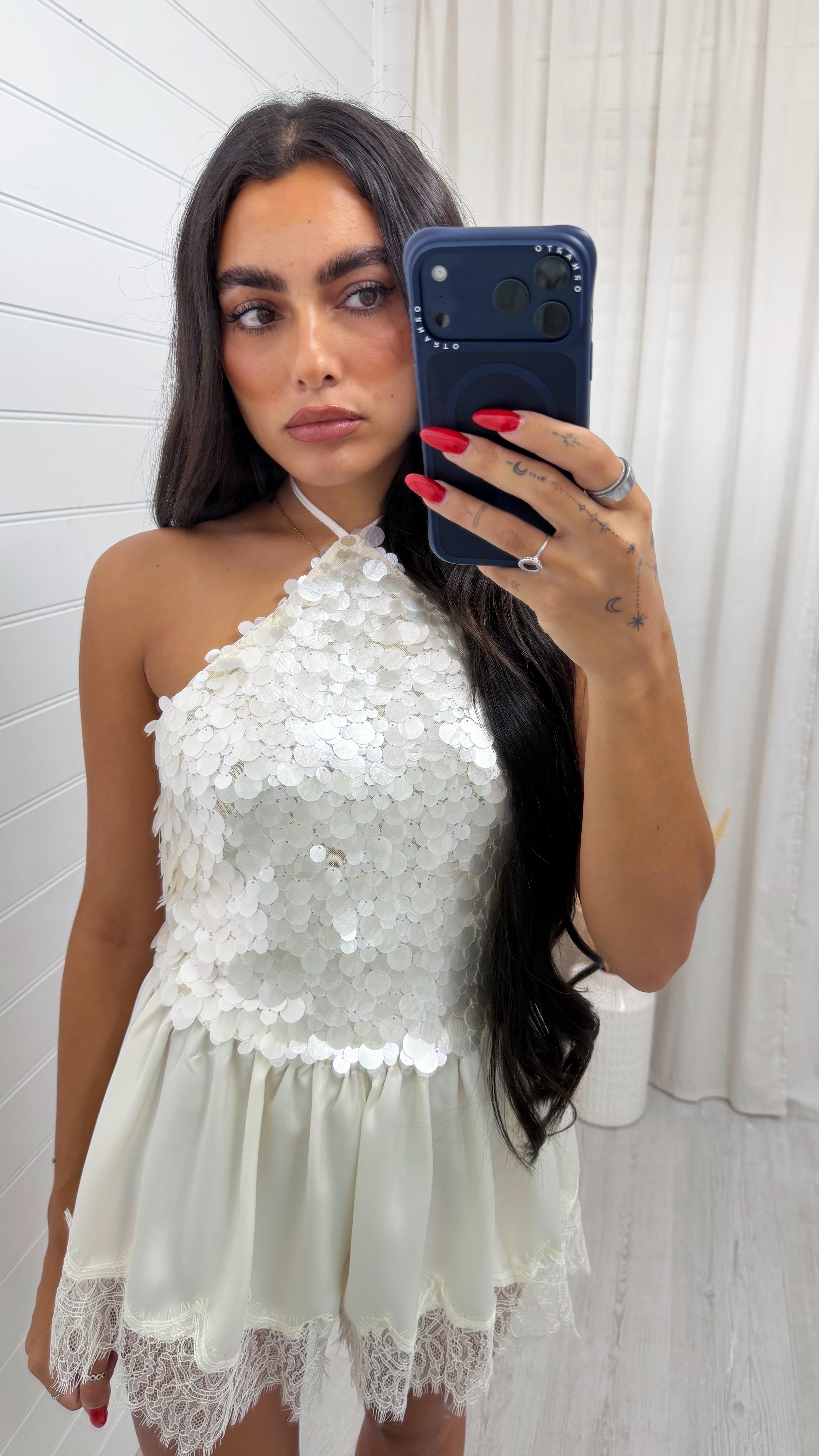 Halter Neck Backless Sequin Top - CREAM