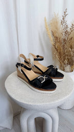 Lace Detail Wedge Sandals - BLACK