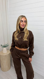 Funnel Neck Crop Jacket and Joggers Tracksuit - BROWN